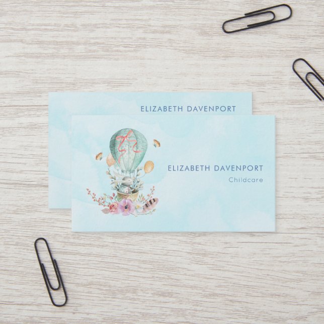 Carte De Visite Lapin Whimsical Riding dans un ballon à air chaud (Devant/Arrière en situation)