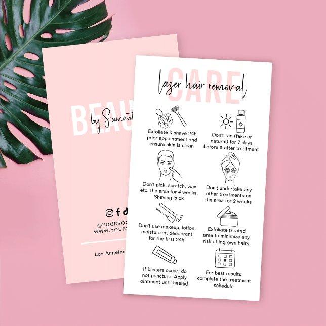 Carte De Visite Laser Enlèvement des cheveux Instructions de soins (Laser hair removal post-treatment care instructions cards in pink and white design)