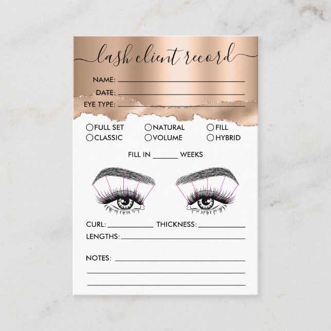 Carte De Visite Lash Client Record Ajouter Logo Rose Gold Tear (Devant)