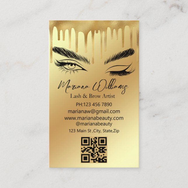 Carte De Visite lash et brow artiste qr code or goutte d'or (Devant)