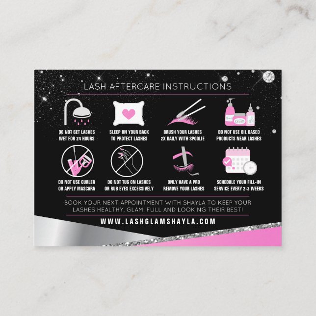 Carte De Visite Lash Extensions post-soins Glam Diamants roses (Dos)