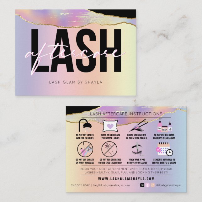 Carte De Visite Lash Extensions post-soins Holographique Arc-en-ci (Devant / Derrière)