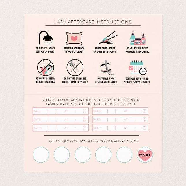 Carte De Visite Lash Instructions et rappel de rendez-vous (Intérieur déplié)