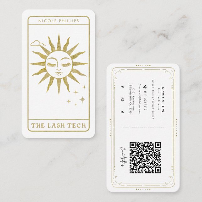 Carte De Visite Lash Tech Golden Sun Tarot médias sociaux QR (Devant / Derrière)