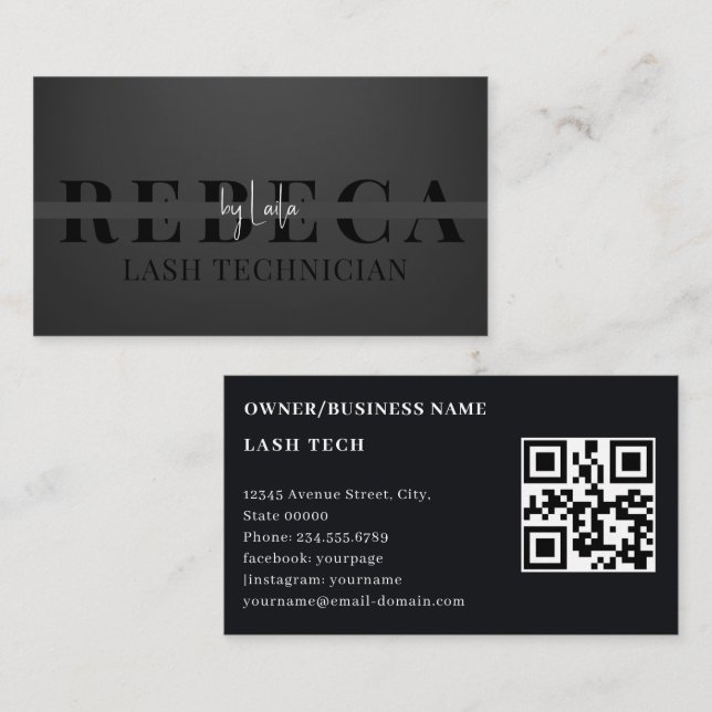 Carte De Visite Lash Tech Salon Photo Black Luxe QR Code (Devant / Derrière)