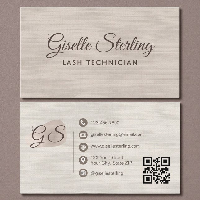 Carte De Visite Lash Technician Beige Linen Modern Elegant QR Code (Créateur téléchargé)