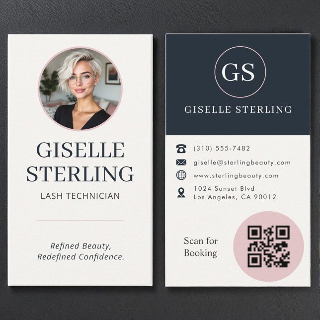 Carte De Visite Lash Technician Blush & Navy Photo QR Code  (Créateur téléchargé)