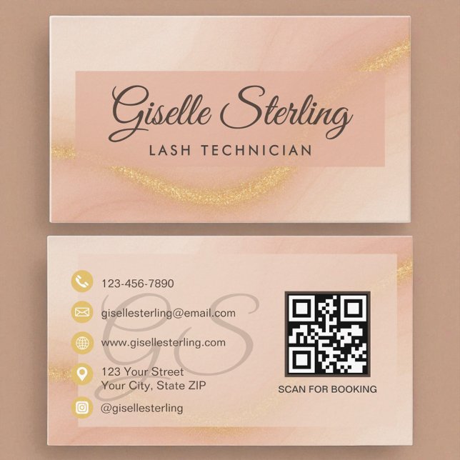 Carte De Visite Lash Technicien Aquarelle Or Monogramme QR Code (Créateur téléchargé)