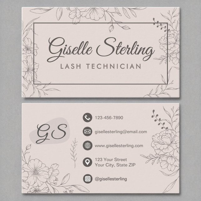 Carte De Visite Lash Technicien Blush Pink Florline Art Script (Créateur téléchargé)