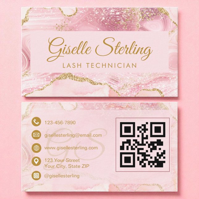Carte De Visite Lash Technicien Blush Pink Gold Agate QR Code (Créateur téléchargé)