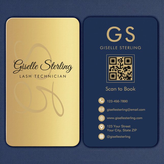 Carte De Visite Lash Technicien Gold Marine Blue QR Code Monogramm (Créateur téléchargé)