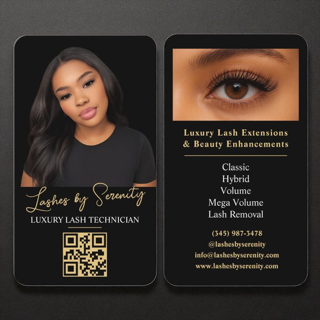 Carte De Visite Lash Technicien QR Code Black Gold Luxury Beauté (Créateur téléchargé)