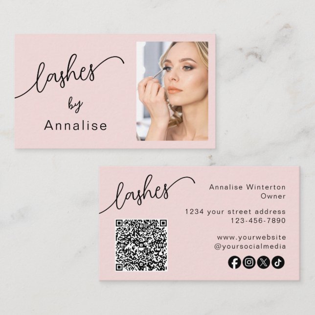Carte De Visite Lashes Blush Rose Script Icône Réseau Social Code  (Devant / Derrière)