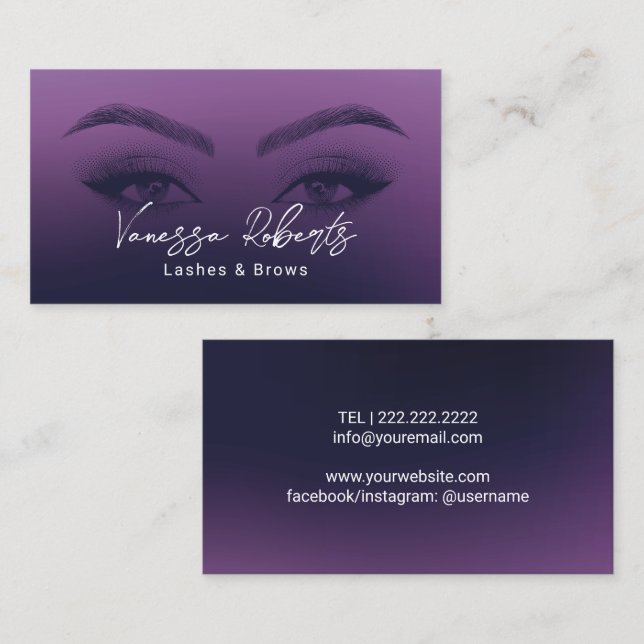 Carte De Visite Lashes & Brosses Salon Microblading Élégant Purple (Devant / Derrière)