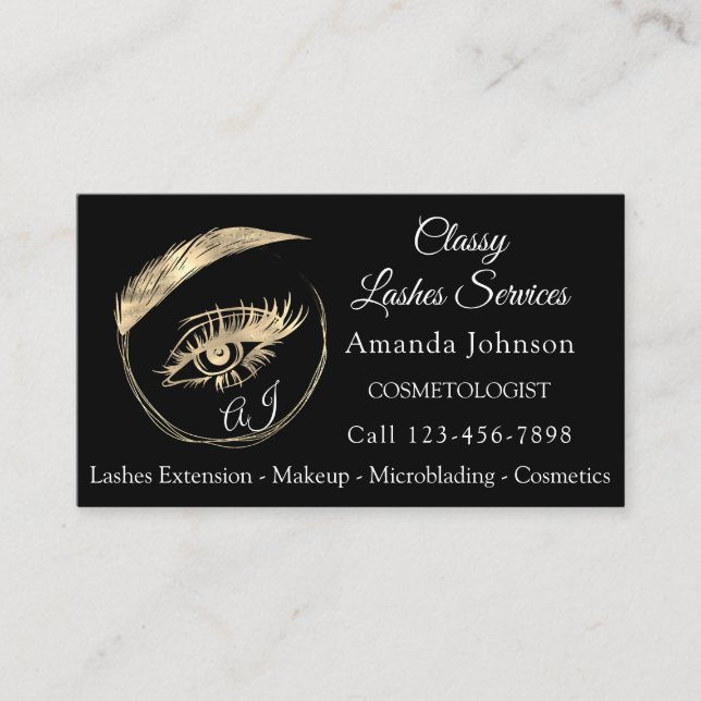 Carte De Visite Lashes Studio Logo personnalisé Qr Code Black Gold (Devant)