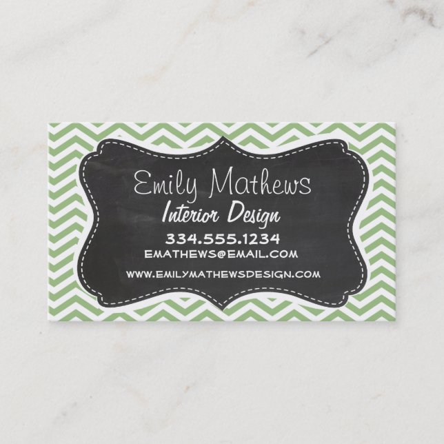 Carte De Visite Laurel Green Chevron Stripes; Chalkboard look (Devant)