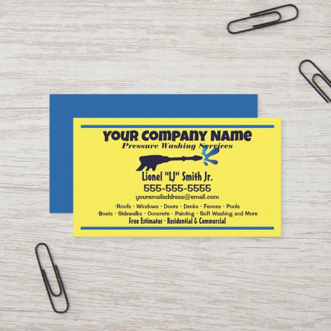 Carte De Visite Lavage à pression bleu et jaune (Devant/Arrière en situation)