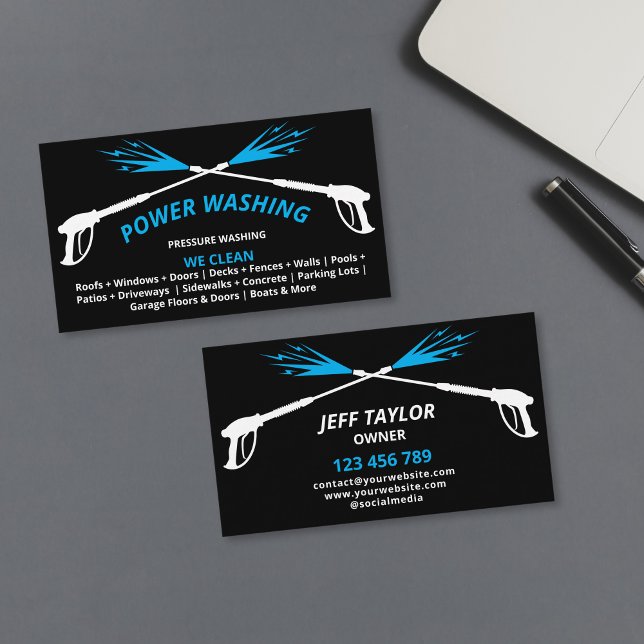 Carte De Visite Lavage de puissance de pression professionnel (white power wash gun with blue water on the black background)