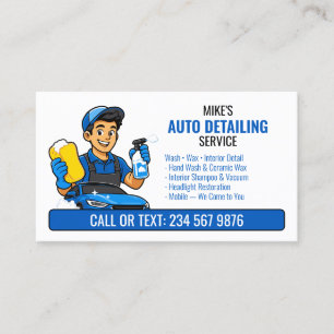 Carte De Visite Lavage de voiture bleu dessin animé homme QR Detai