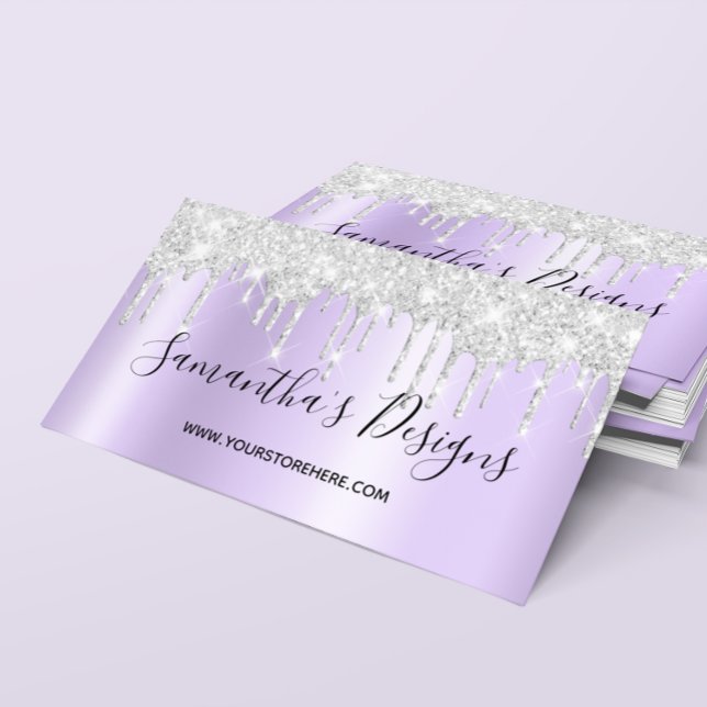 Carte De Visite Lavande pâle Ombre de Parties scintillant argentée (Sparkly Silver Glitter Drips Pale Lavender Ombre Business Card)