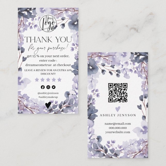 Carte De Visite Lavender floral aquarelle ordre de révision merci (Devant / Derrière)
