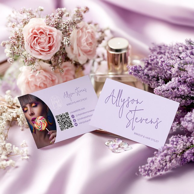 Carte De Visite Lavender Modern name script makeup hair logo qr (Lavender Modern name script makeup hair logo qr Business Card)