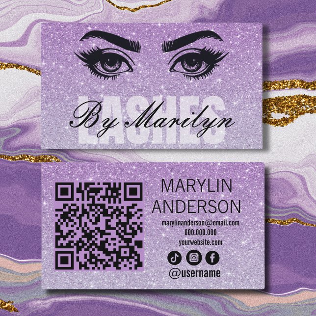 Carte De Visite Lavender Parties scintillant Ombre Lash Tech QR Co (Créateur téléchargé)