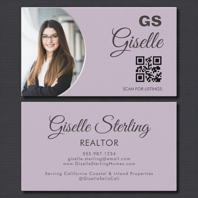 Carte De Visite Lavender Purple Silver Monogram Realtor QR Code  (Créateur téléchargé)