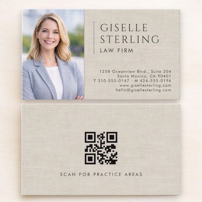 Carte De Visite Law Firm Linen Photo QR Code (Créateur téléchargé)