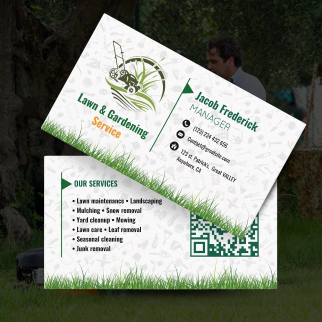 Carte De Visite Lawn Care & Landscaping Business Card – Green & Wh (Lawn Care & Landscaping Business Card – Green & White with QR CODE )