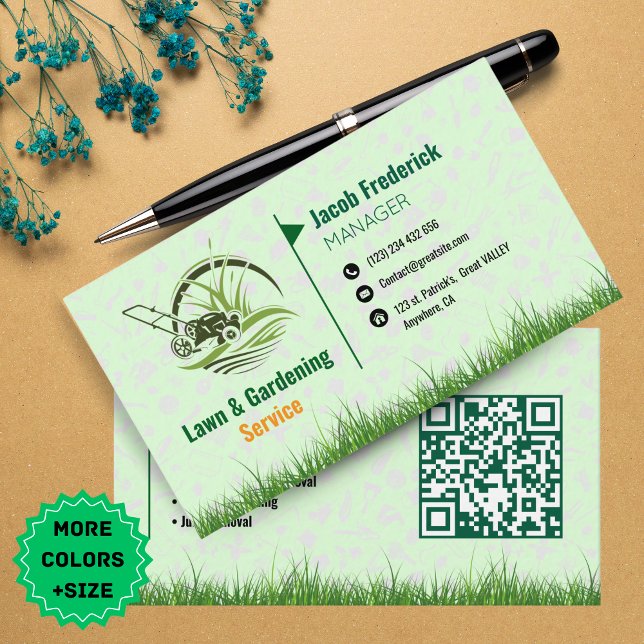 Carte De Visite Lawn Care & Landscaping Business Card – Green & Wh (Lawn Care & Landscaping Business Card – Black and Green Template with QR code )