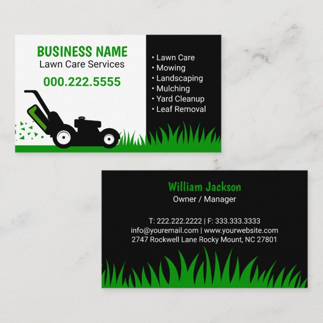 Carte De Visite Lawn Mower Grass Professional Green (Devant / Derrière)