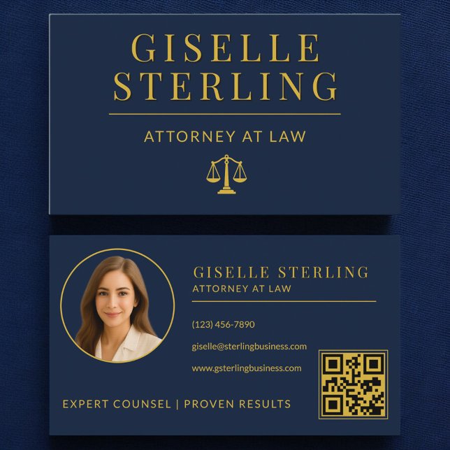 Carte De Visite Lawyer Navy Blue Gold Attorney at Law QR Code (Créateur téléchargé)