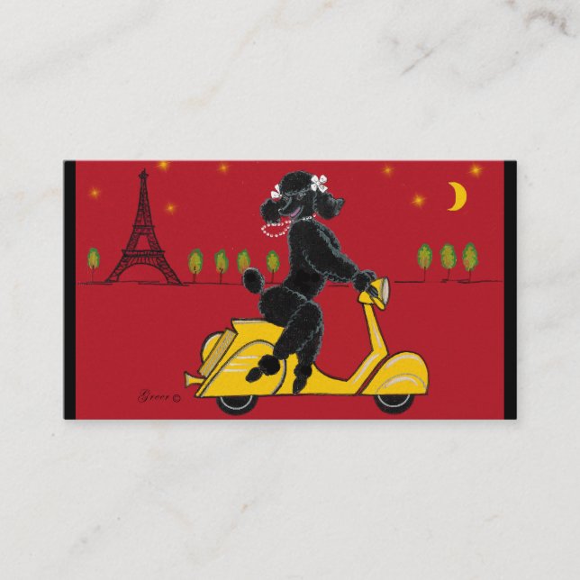 Carte De Visite Le caniche noir sur le scooter Vespa (Devant)