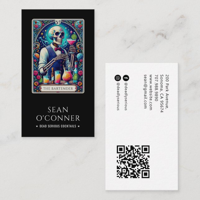 Carte De Visite Le Code QR Squelette Tarot du Barman Noir (Devant / Derrière)