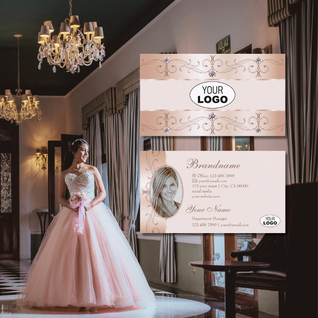 Carte De Visite Le logo et la photo de Luxurious Rose Gold Ornate  (Créateur téléchargé)