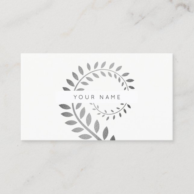 Carte De Visite Leaf Laurel Fern Botanique Argent Serpentine Blanc (Devant)