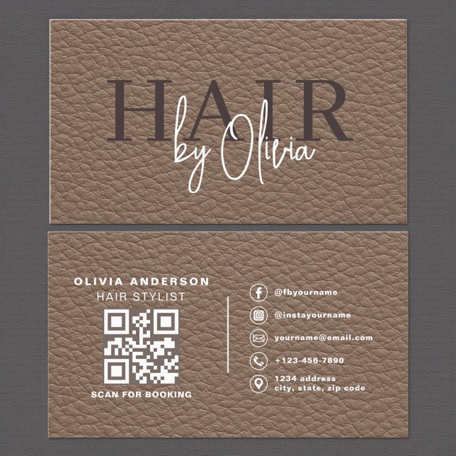 Carte De Visite Leather QR Code Hair Stylist (Créateur téléchargé)