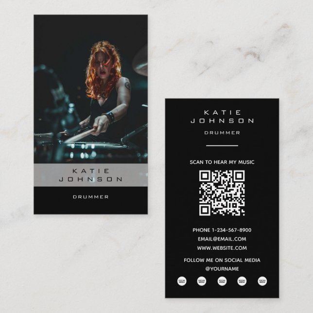 Carte De Visite Leçon de Musique de Batterie Photo QR Code (Devant / Derrière)
