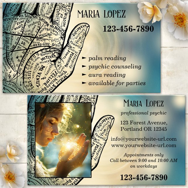 Carte De Visite Lecteur de palme de counseling psychologique (Psychic palm reader business card featuring a hand palm outline on a dreamy background - clairvoyant)