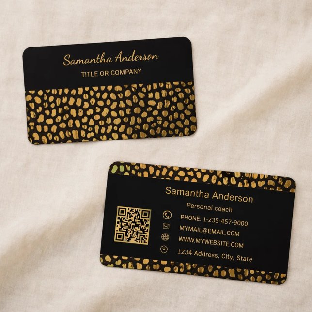 Carte De Visite Leopard Black Gold Print QR Code luxury (Créateur téléchargé)