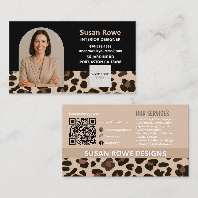 Carte De Visite Léopard Chic Noir et Beige Code QR Photo d'Arch (Devant / Derrière)