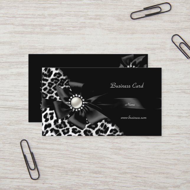 Carte De Visite Léopard Élégant Noir Argent Diamant (Devant/Arrière en situation)
