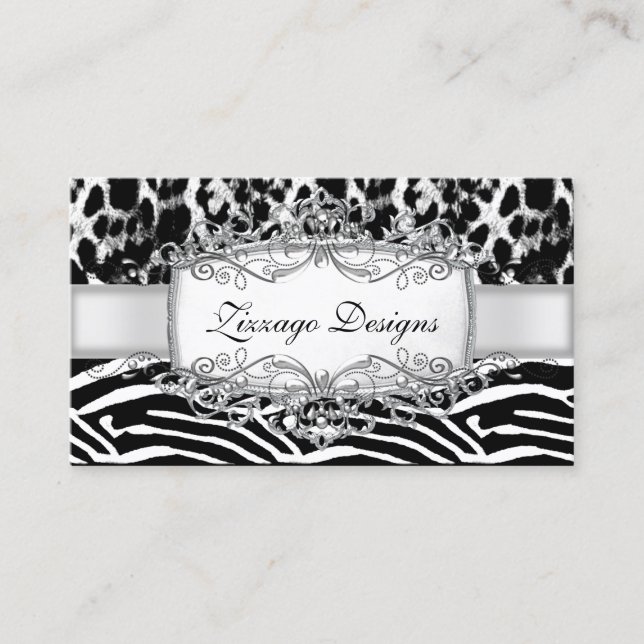Carte De Visite Leopard Zebra Silver Black White Stripe 2 (Devant)
