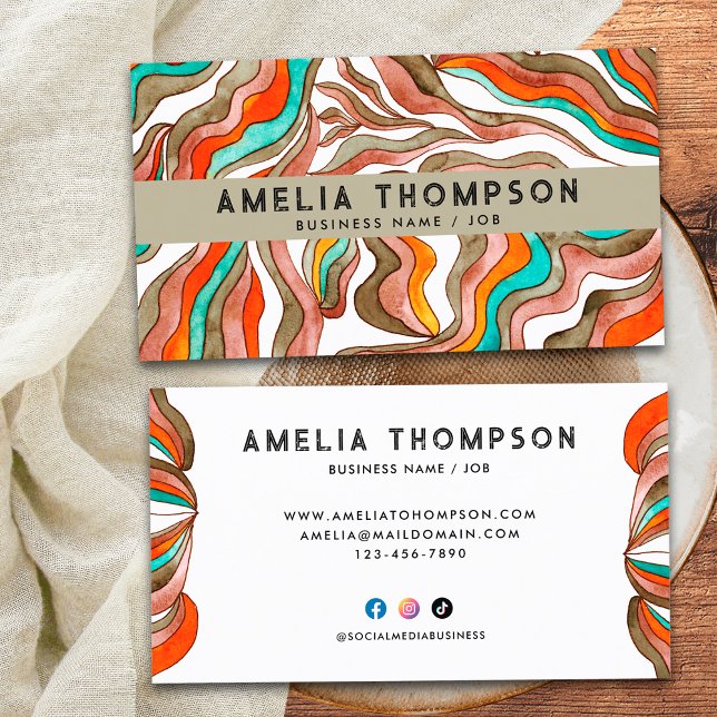 Carte De Visite les années 70 Boho Super Retro Orange Abstrait Wav (Front and Back)