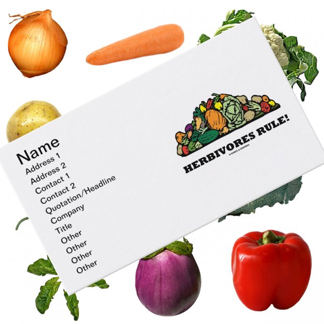 Carte De Visite Les Herbivores gouvernent ! (Pile De Légumes) (Vegetarians and herbivores will enjoy this pile of vegetables biz card w/ caption "Herbivores Rule!")