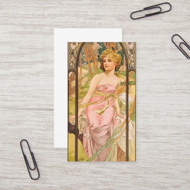 Carte De Visite Les Heures du Jour, Éveil du Matin par Mucha (Devant/Arrière en situation)