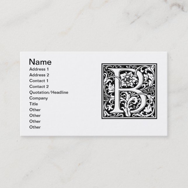 Carte De Visite Lettre B Monogramme Art Nouveau Médiéval (Devant)