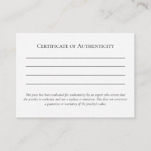 Carte De Visite Lettre d'authenticité Modèle pour bijoux