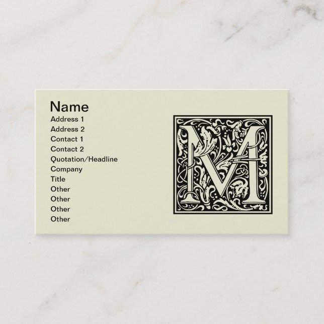 Carte De Visite Lettre M Monogramme médiéval Art Nouveau (Devant)
